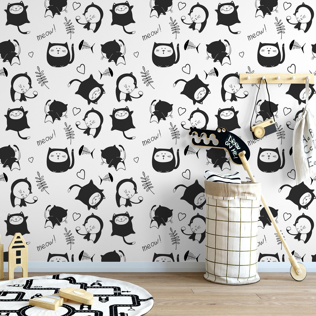 Tapeta - dziecięca, koty, serca, liście