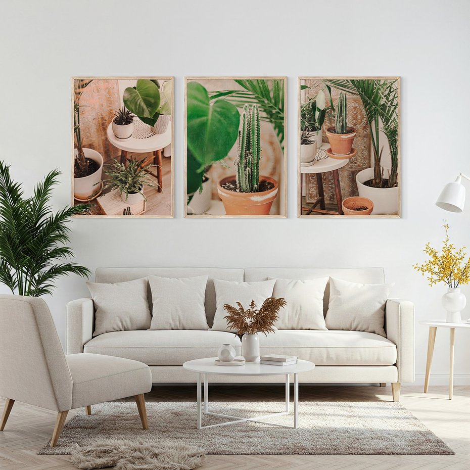Zestaw obrazy w ramie, plakaty - rośliny, doniczki, wnętrze - rama drewno
