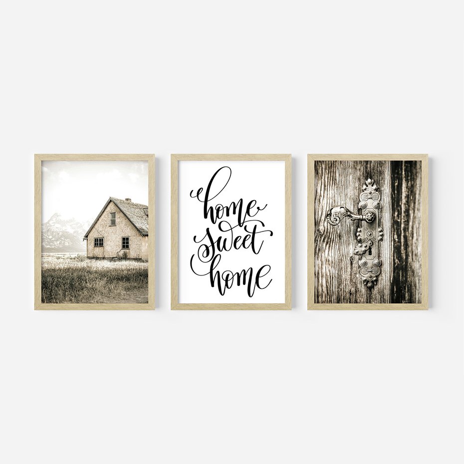 Zestaw obrazy w ramie, plakaty - dom, drzwi, rustykalny - rama drewno