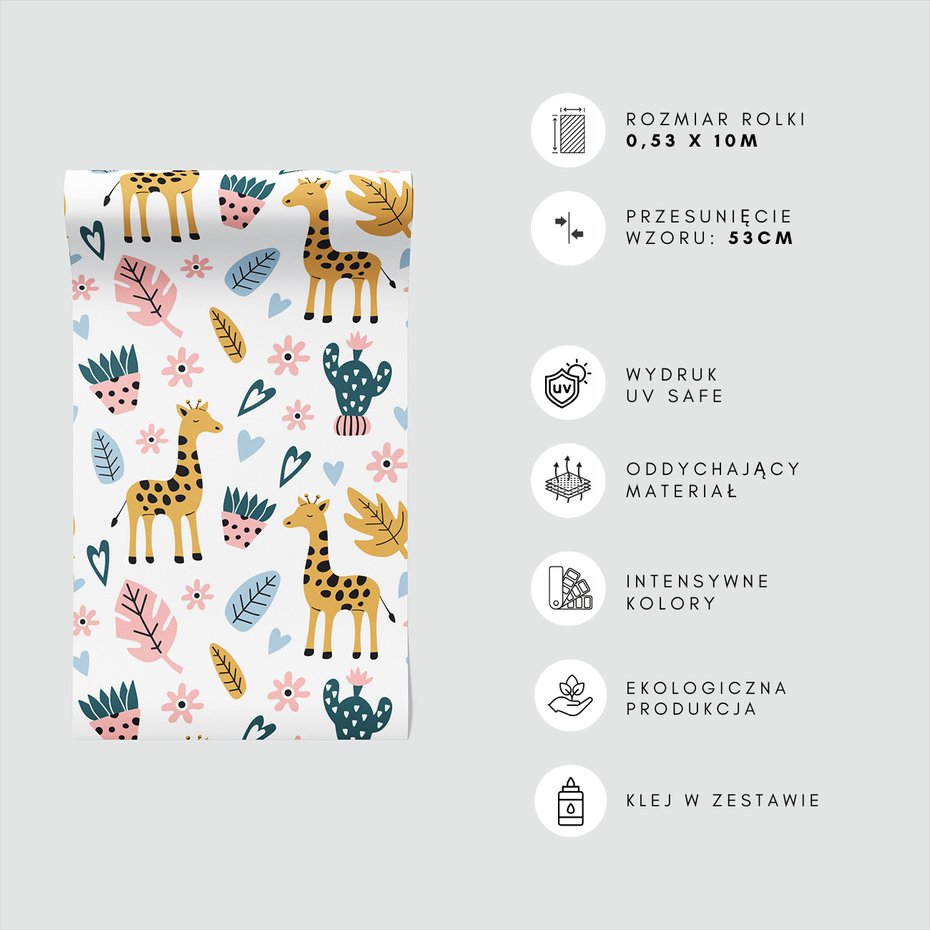 Tapeta - dziecięca, żyrafa, liście, kwiaty