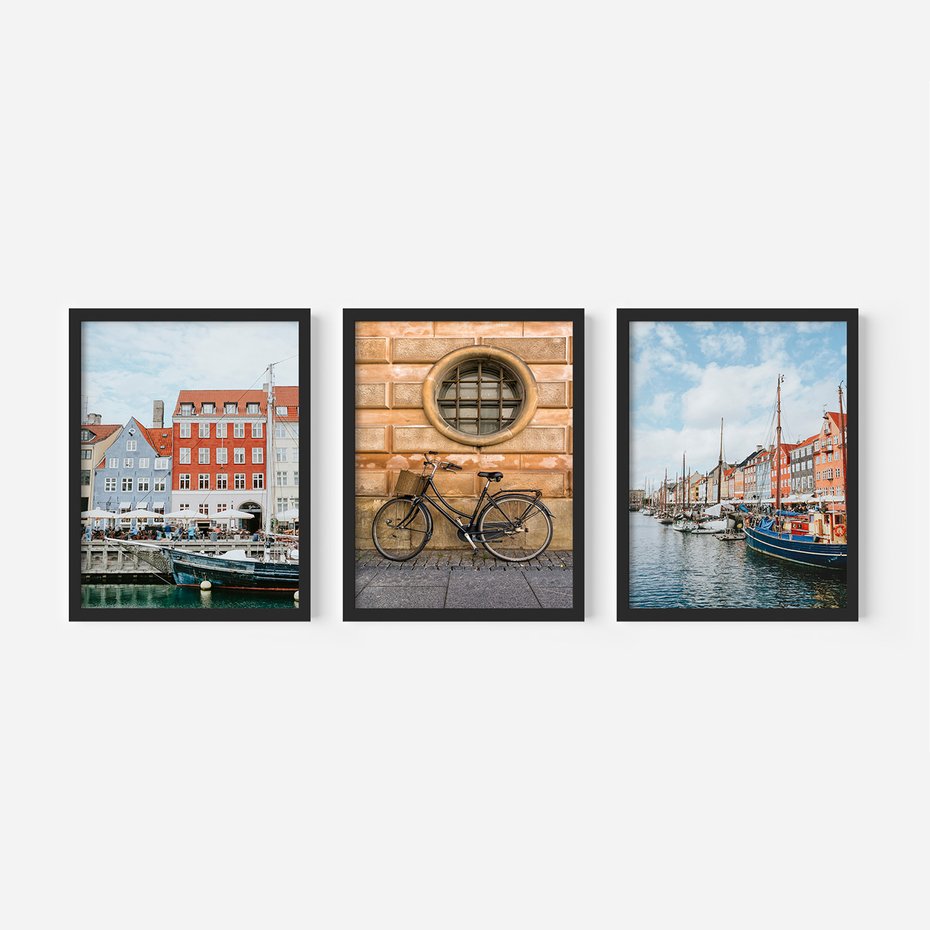 Zestaw obrazy w ramie, plakaty - miasto, budynki, kanał - rama czarna