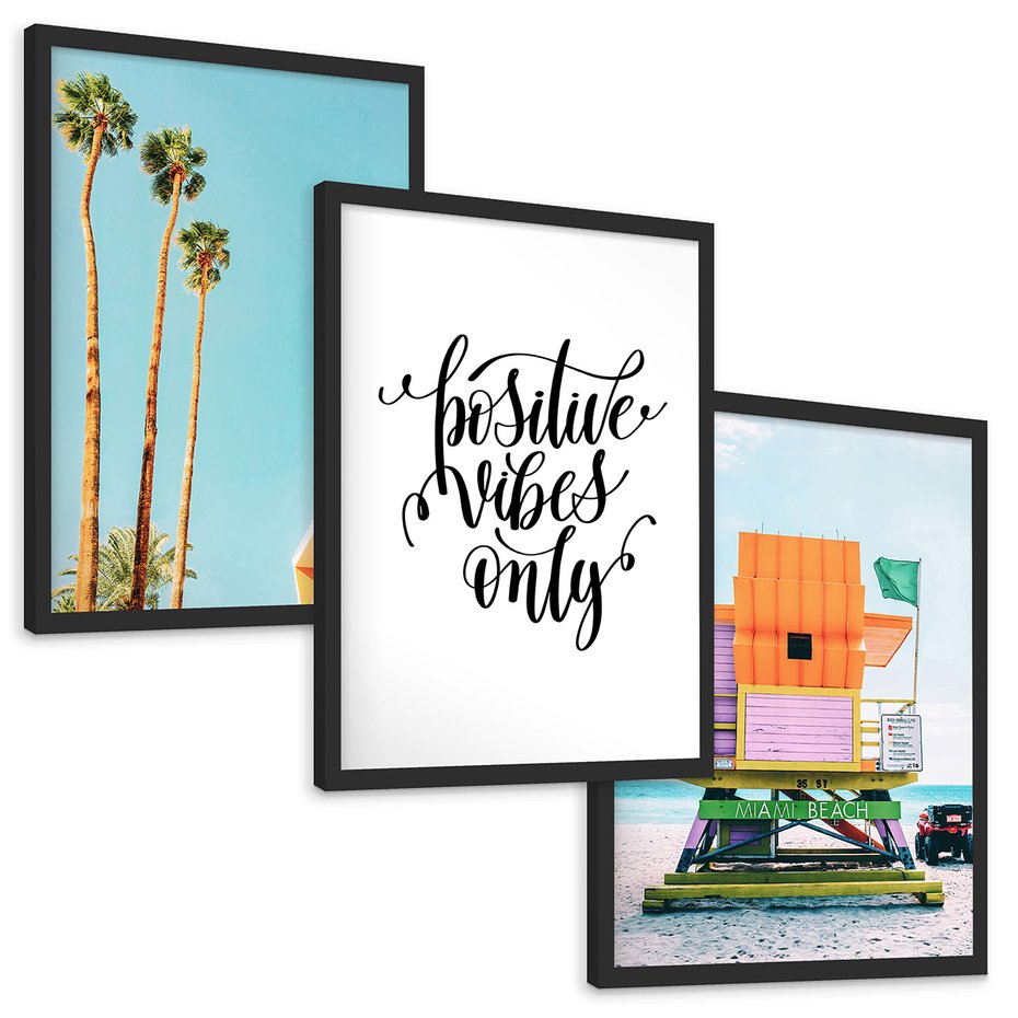 Zestaw obrazy w ramie, plakaty - palmy, plaża, tropikalny - rama czarna