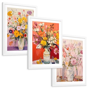 Zestaw obrazy w ramie, plakaty - kwiaty, wazon, bukiet - rama biała