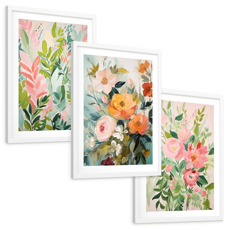 Zestaw obrazy w ramie, plakaty - kwiaty, liście, rośliny - rama biała
