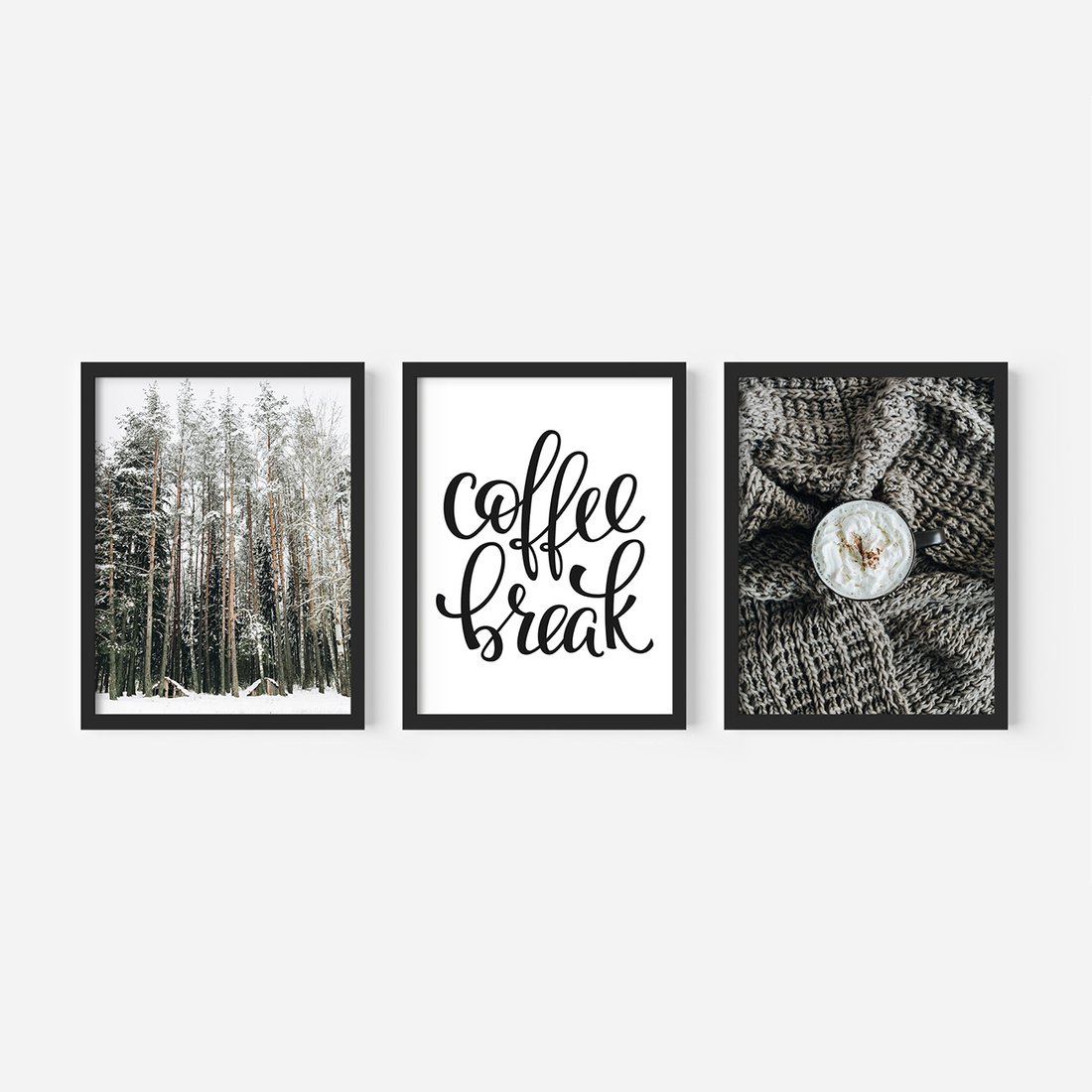 Zestaw obrazy w ramie, plakaty - zima, las, napój - rama czarna