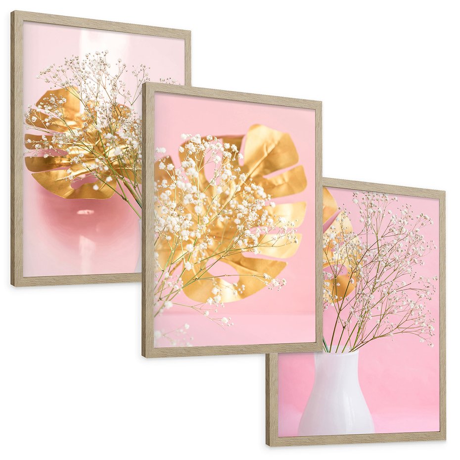 Zestaw obrazy w ramie, plakaty - kwiaty, liście, złoty - rama drewno