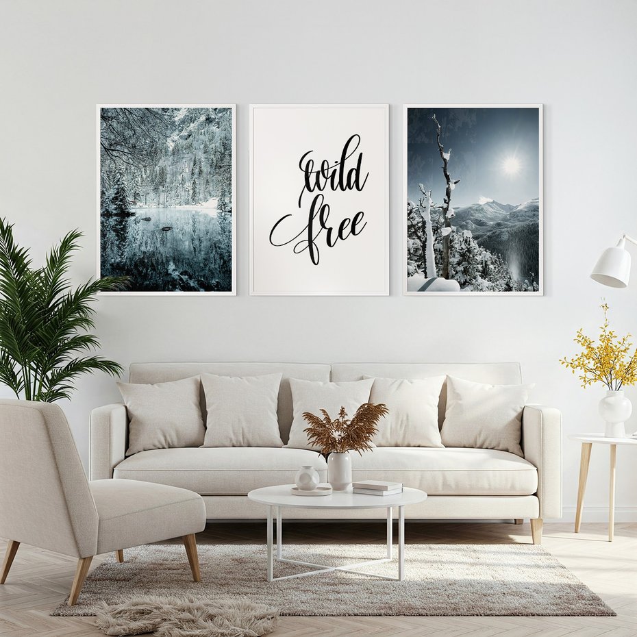 Zestaw obrazy w ramie, plakaty - zima, śnieg, góry - rama biała