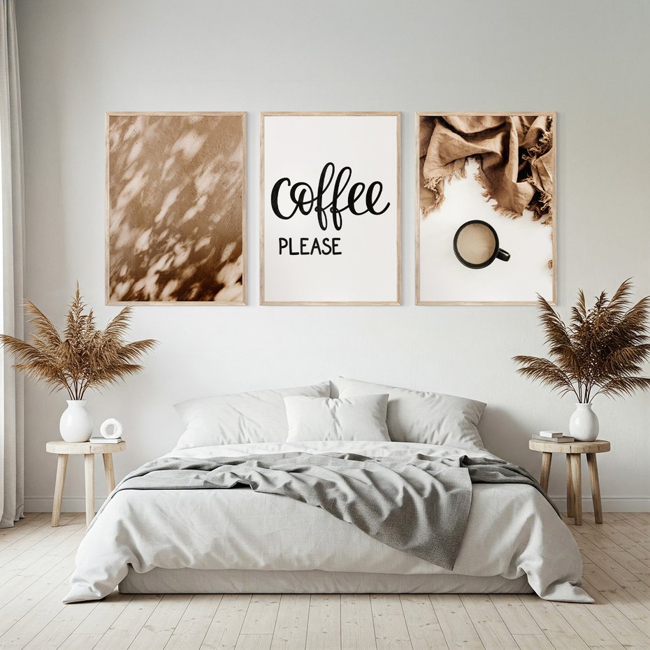 Zestaw obrazy w ramie, plakaty - kawa, napój, tekst - rama drewno