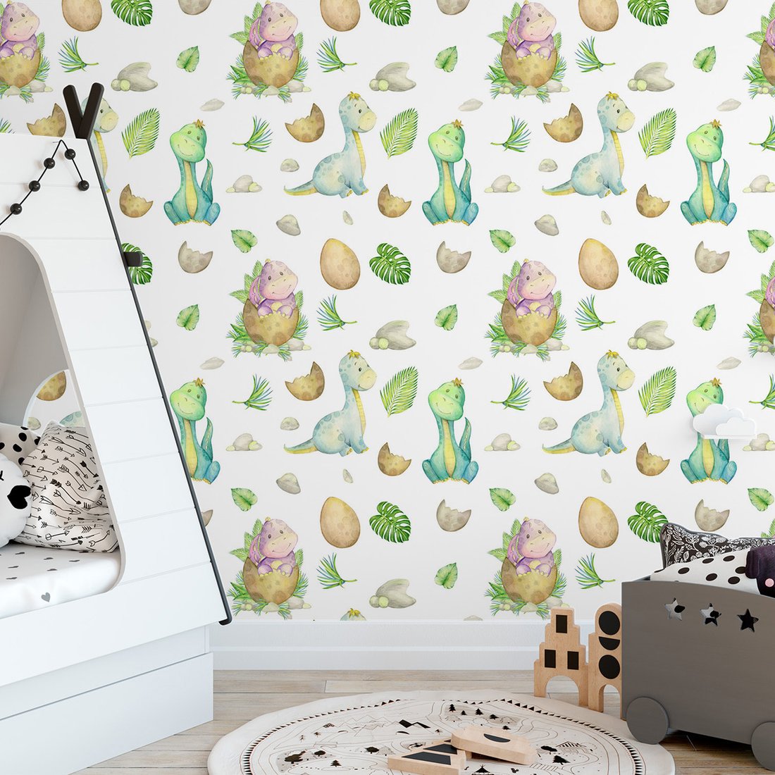 Tapeta - dziecięca, dinozaury, liście, kamienie