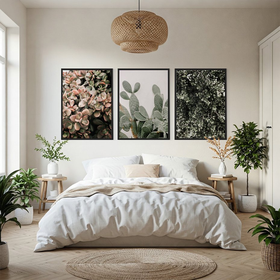 Zestaw obrazy w ramie, plakaty - rośliny, kaktus, liście - rama czarna