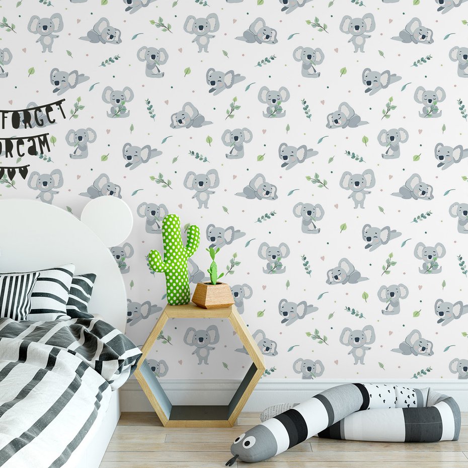 Tapeta - dziecięca, koala, liście, serca