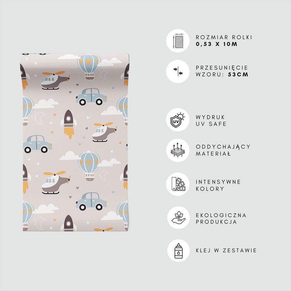 Tapeta - dziecięca, samochody, helikoptery, balony