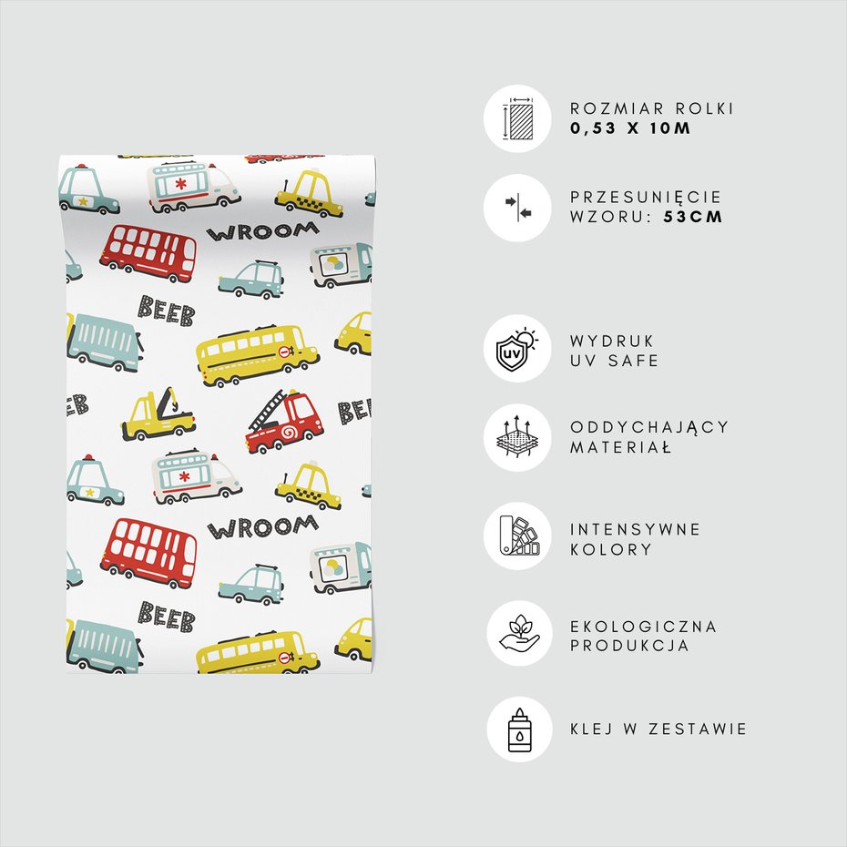 Tapeta - dziecięca, pojazdy, autobus, auta