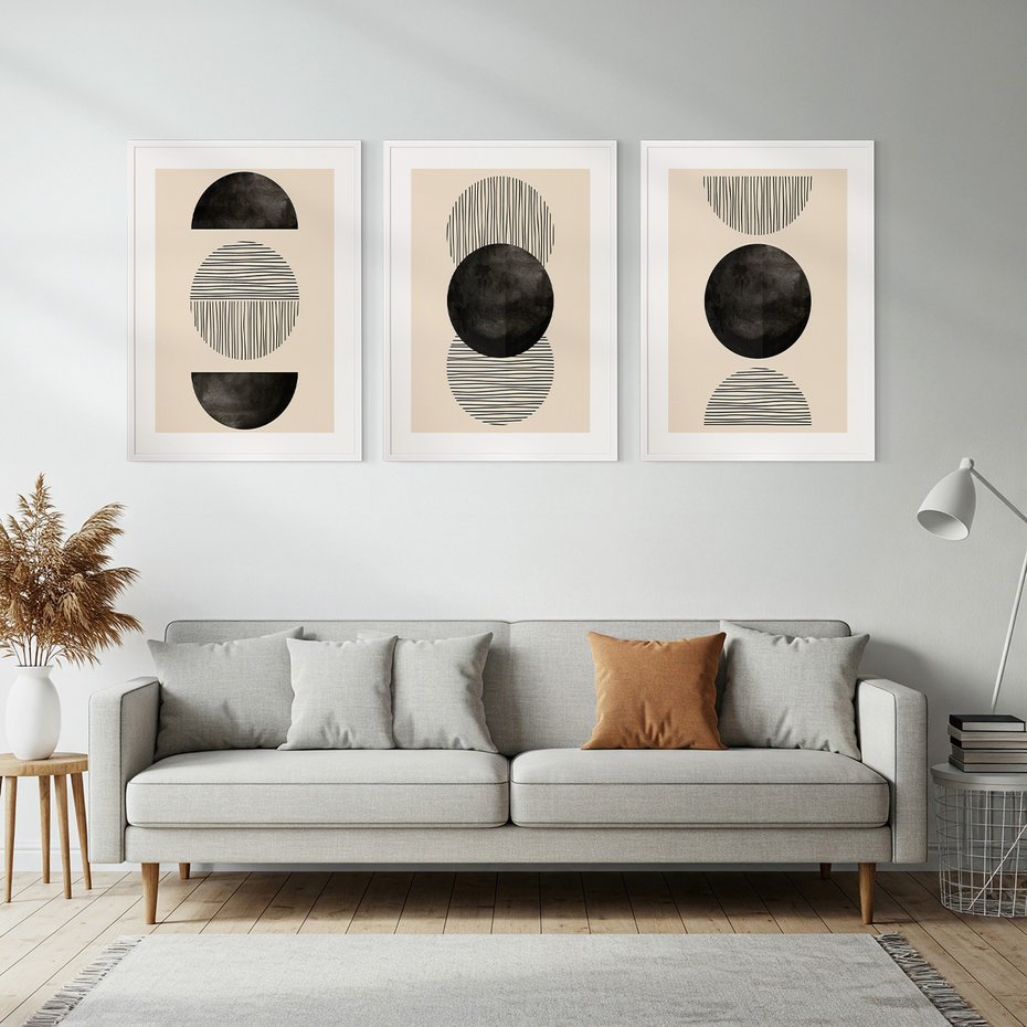 Zestaw obrazy w ramie, plakaty - abstrakcja, minimalizm, geometria - rama biała