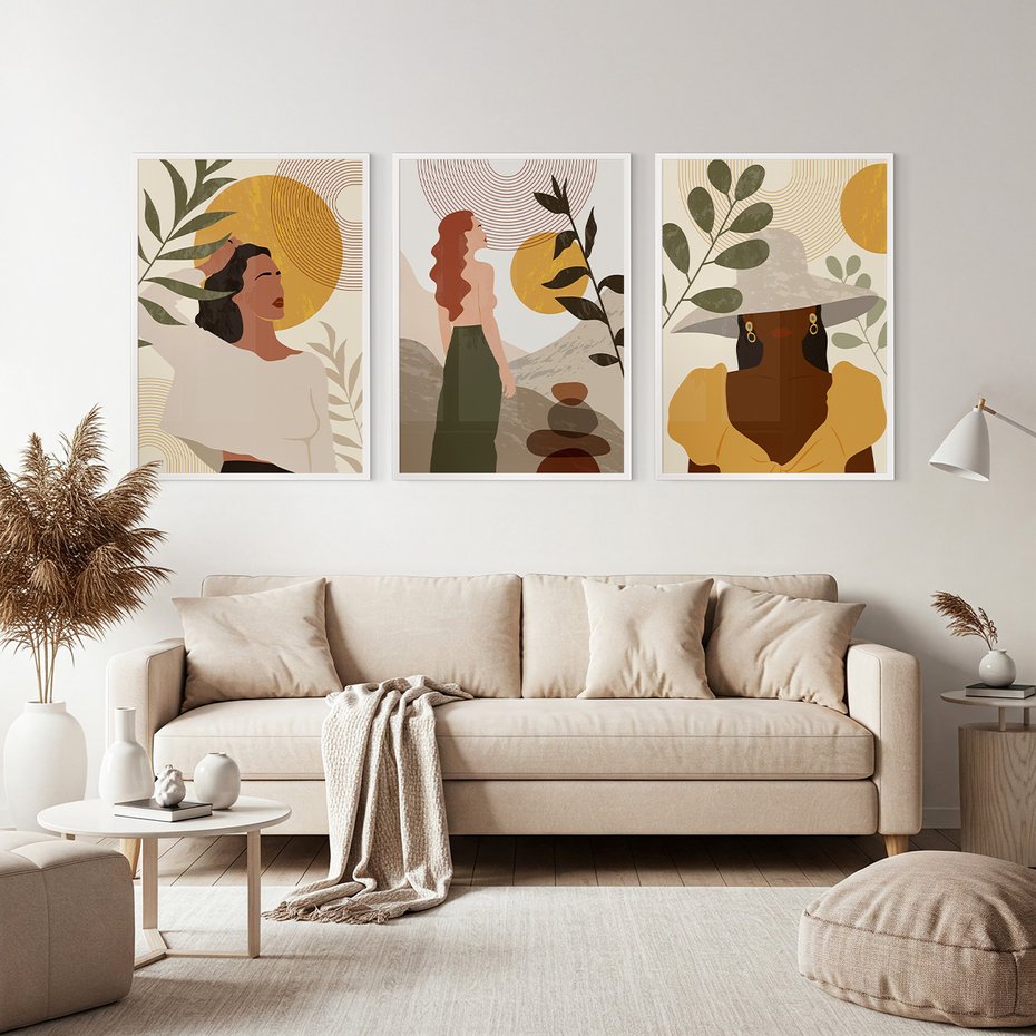 Zestaw obrazy w ramie, plakaty - kobiety, abstrakcja, boho - rama biała