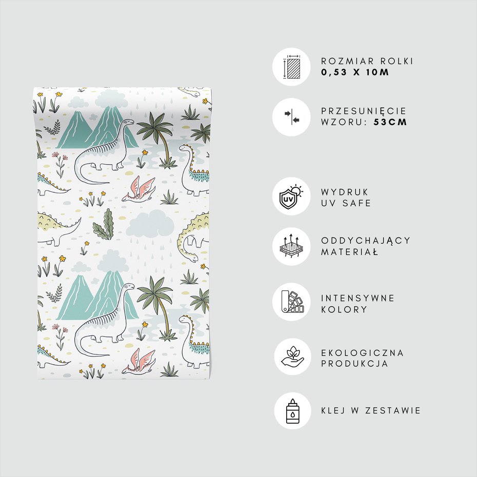 Tapeta - dziecięca, dinozaury, palmy, góry