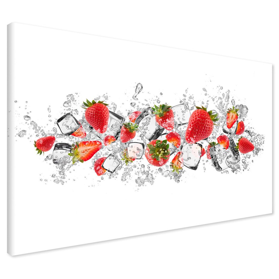 Obraz na płótnie - truskawki, kostki lodu, woda