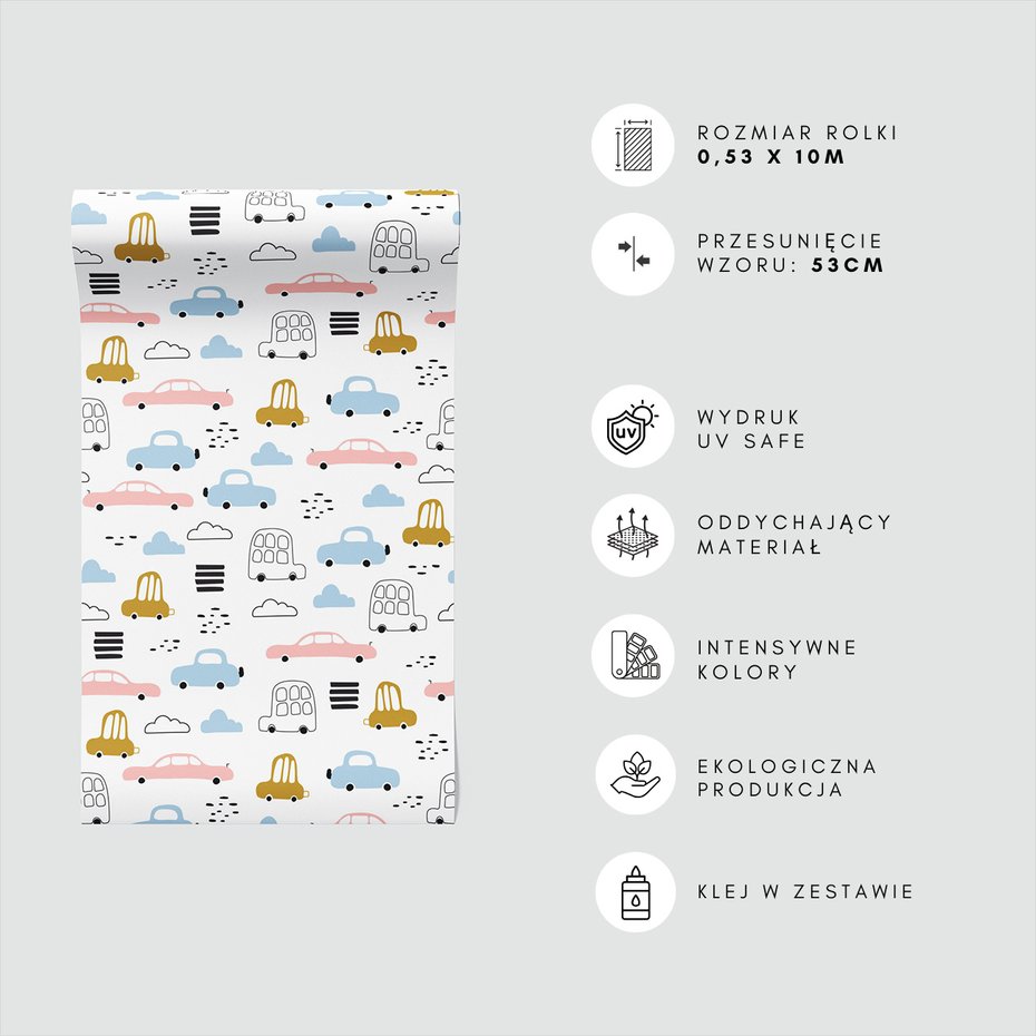 Tapeta - dziecięca, samochody, chmury, kreski