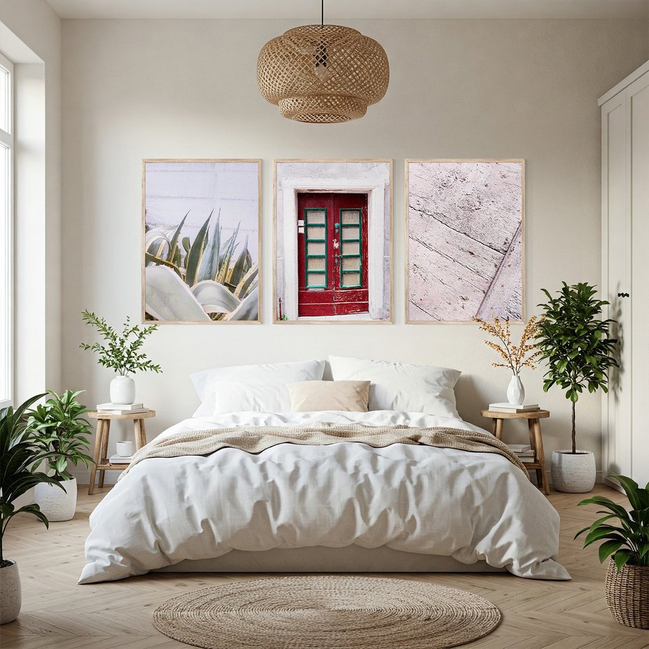 Zestaw obrazy w ramie, plakaty - rośliny, drzwi, drewno - rama drewno