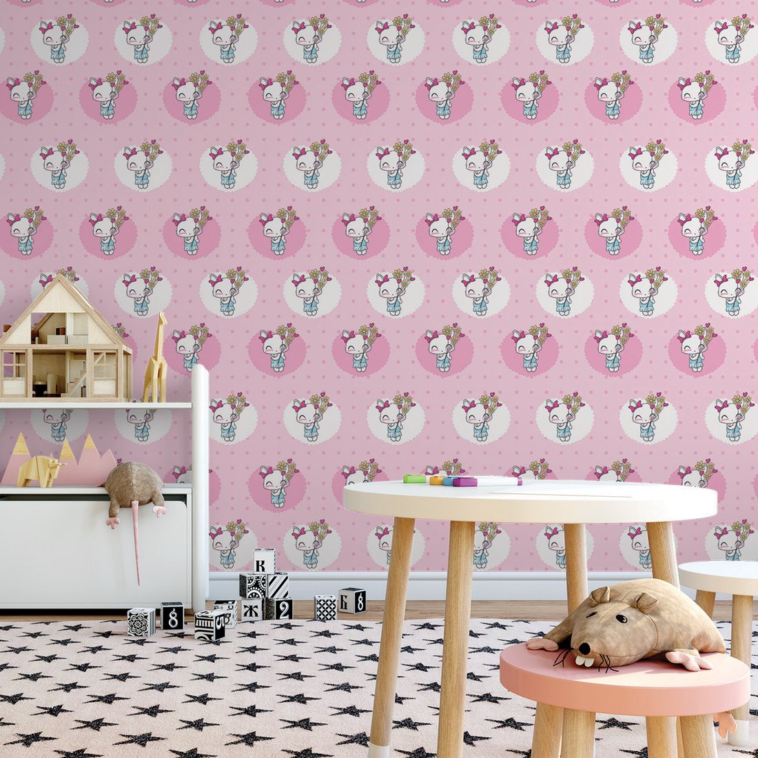 Tapeta - dziecięca, kotek, kwiaty,