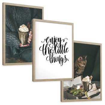 Zestaw obrazy w ramie, plakaty - jesień, napój, kot - rama drewno