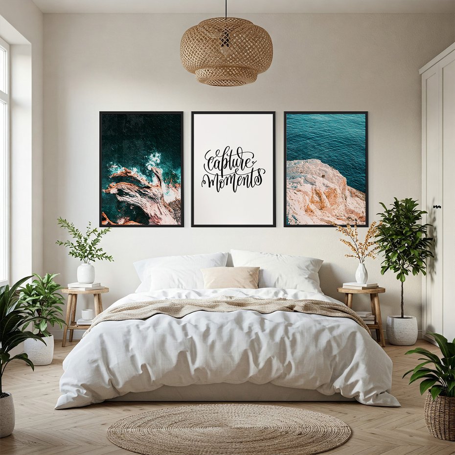 Zestaw obrazy w ramie, plakaty - morze, skały, ocean - rama czarna