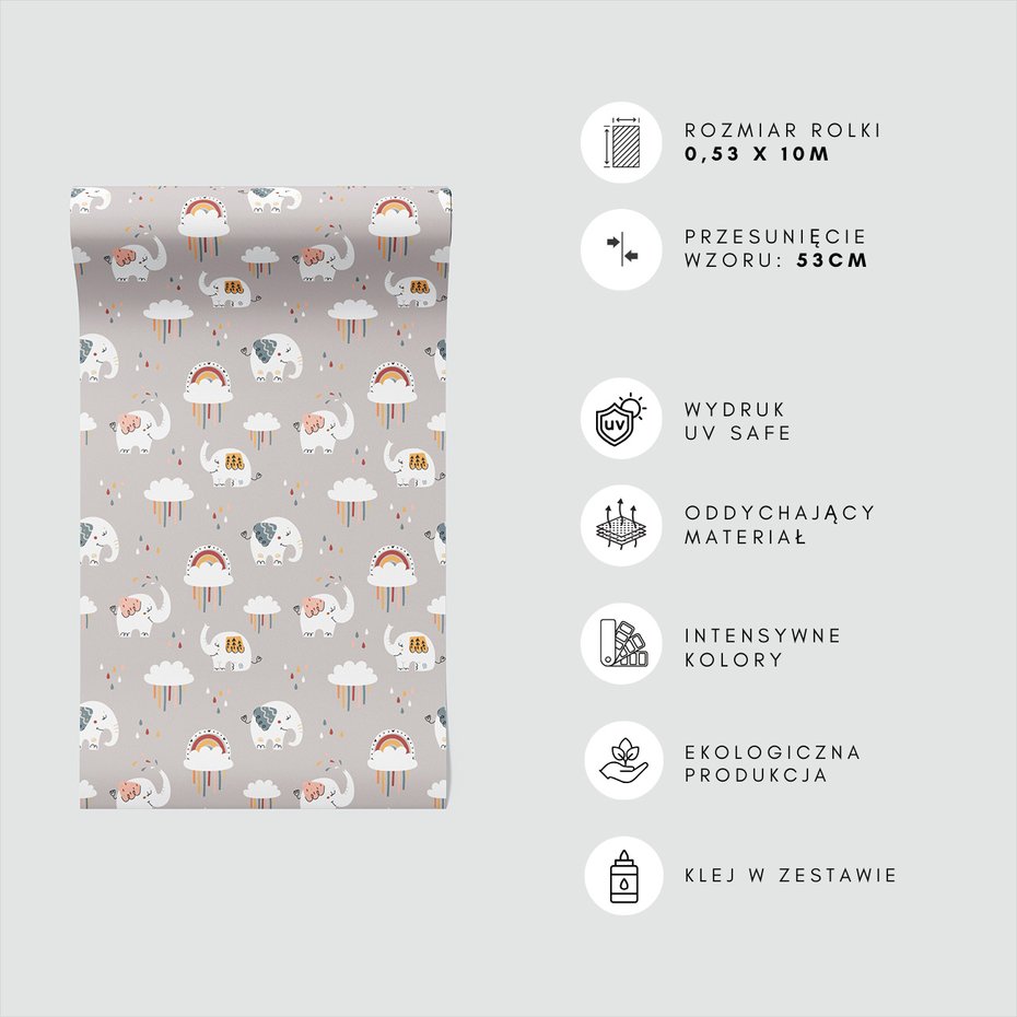 Tapeta - dziecięca, słonie, chmury, tęcza
