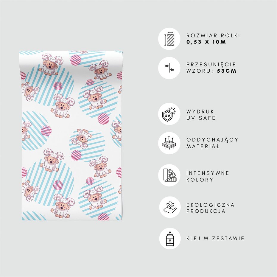 Tapeta - dziecięca, owca, paski, kółka