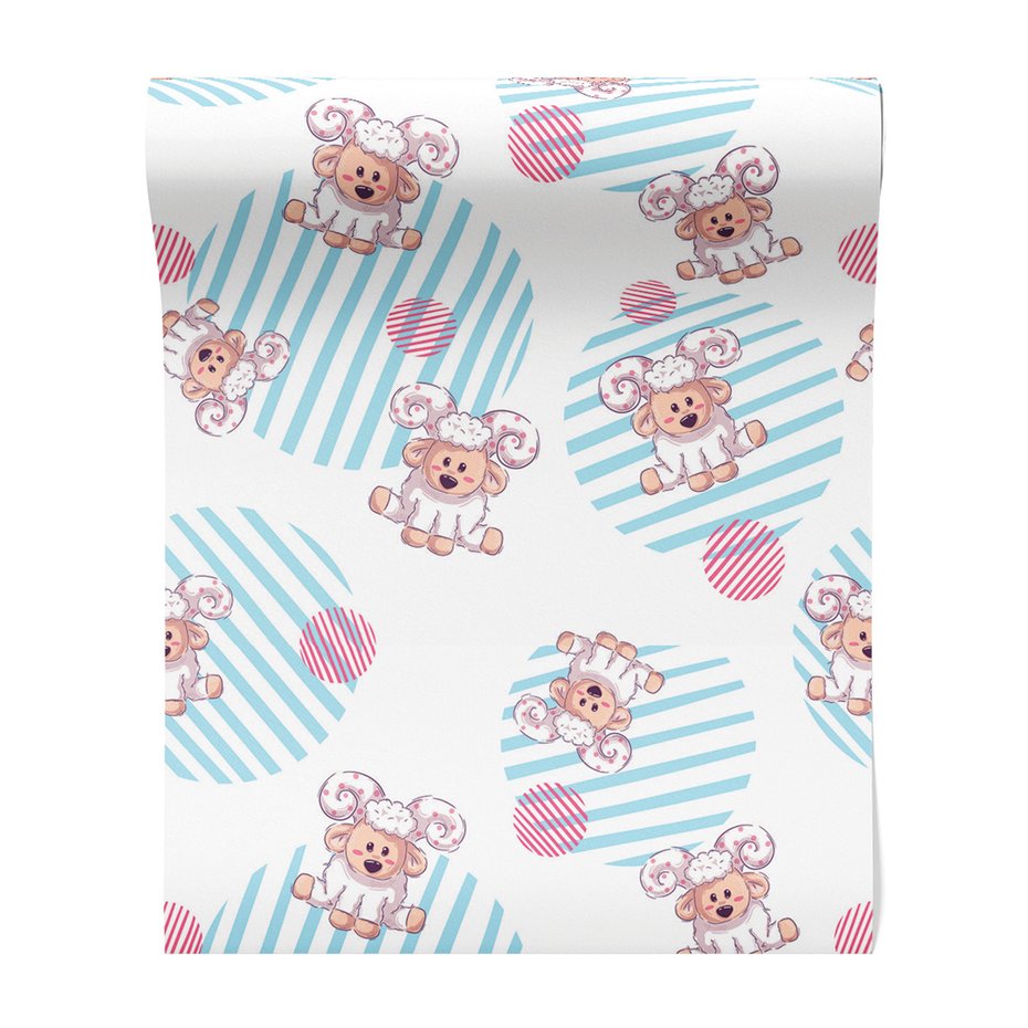 Tapeta - dziecięca, owca, paski, kółka