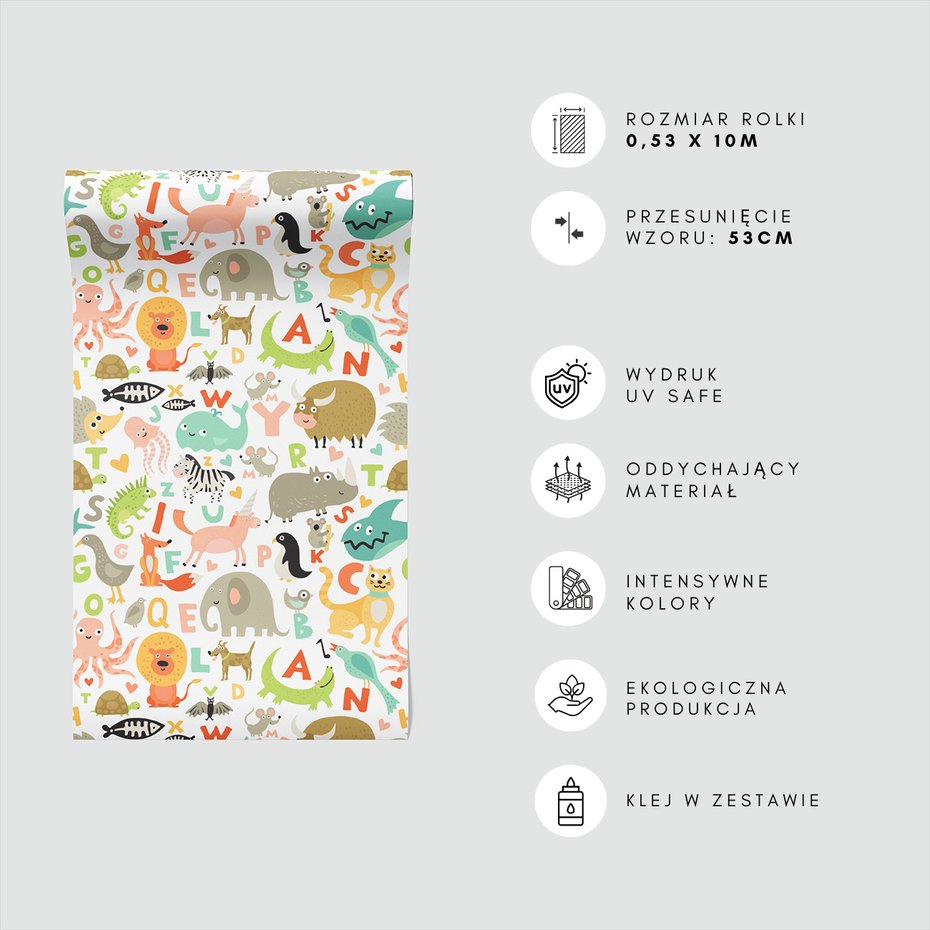 Tapeta - dziecięca, zwierzęta, litery, wzór