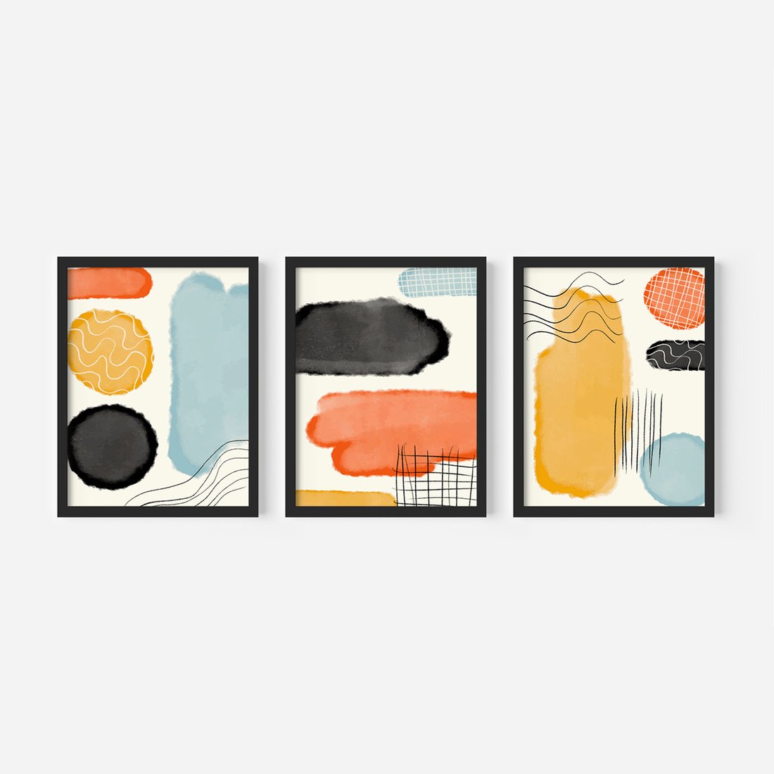Zestaw obrazy w ramie, plakaty - abstrakcja, pastelowe, geometryczne - rama czarna