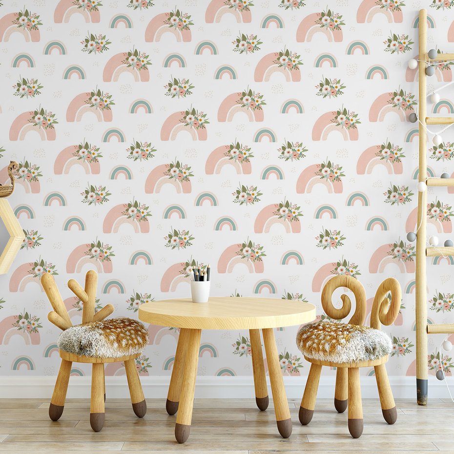 Tapeta - dziecięca, kwiaty, tęcza,