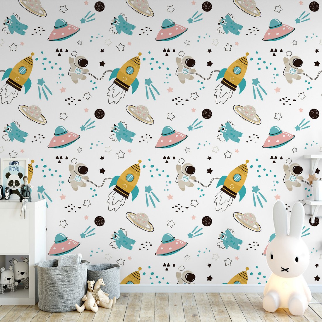 Tapeta - dziecięca, kosmos, rakieta, gwiazdy