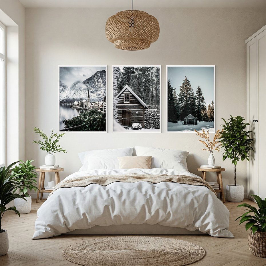 Zestaw obrazy w ramie, plakaty - zima, śnieg, krajobraz - rama biała