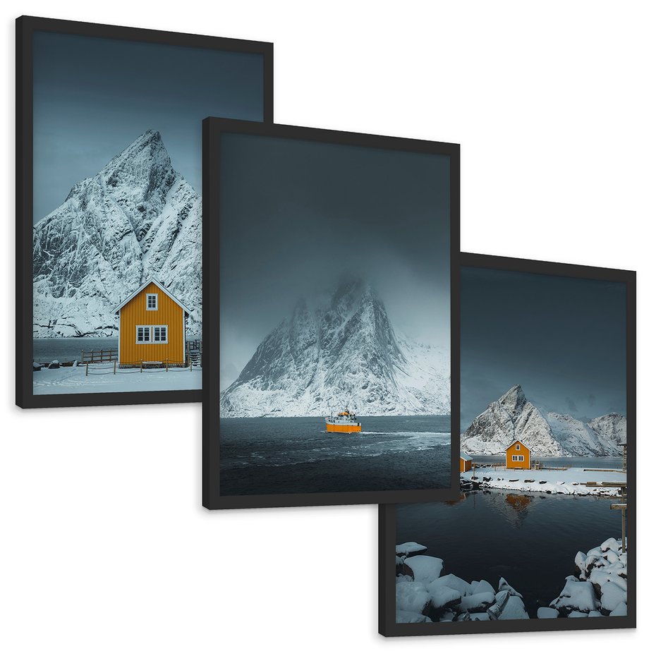 Zestaw obrazy w ramie, plakaty - góry, śnieg, domki - rama czarna