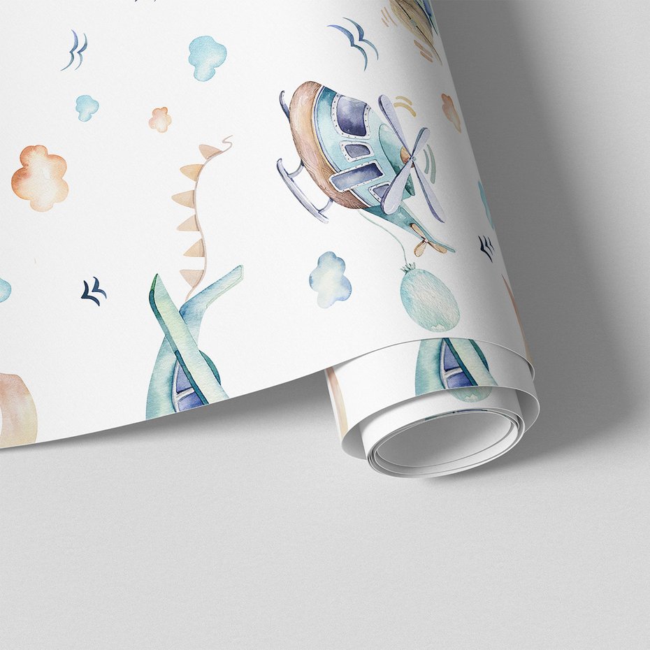 Tapeta - dziecięca, samoloty, helikopter, chmury