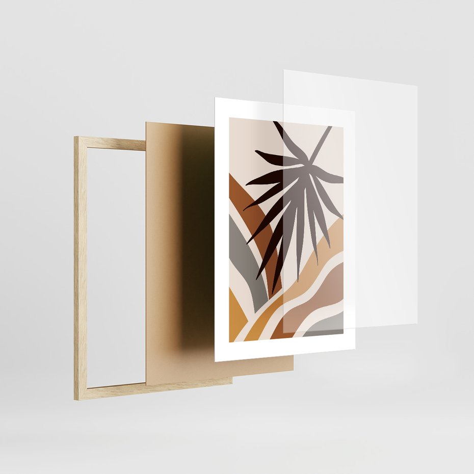 Zestaw obrazy w ramie, plakaty - liście, abstrakcja, rośliny - rama drewno