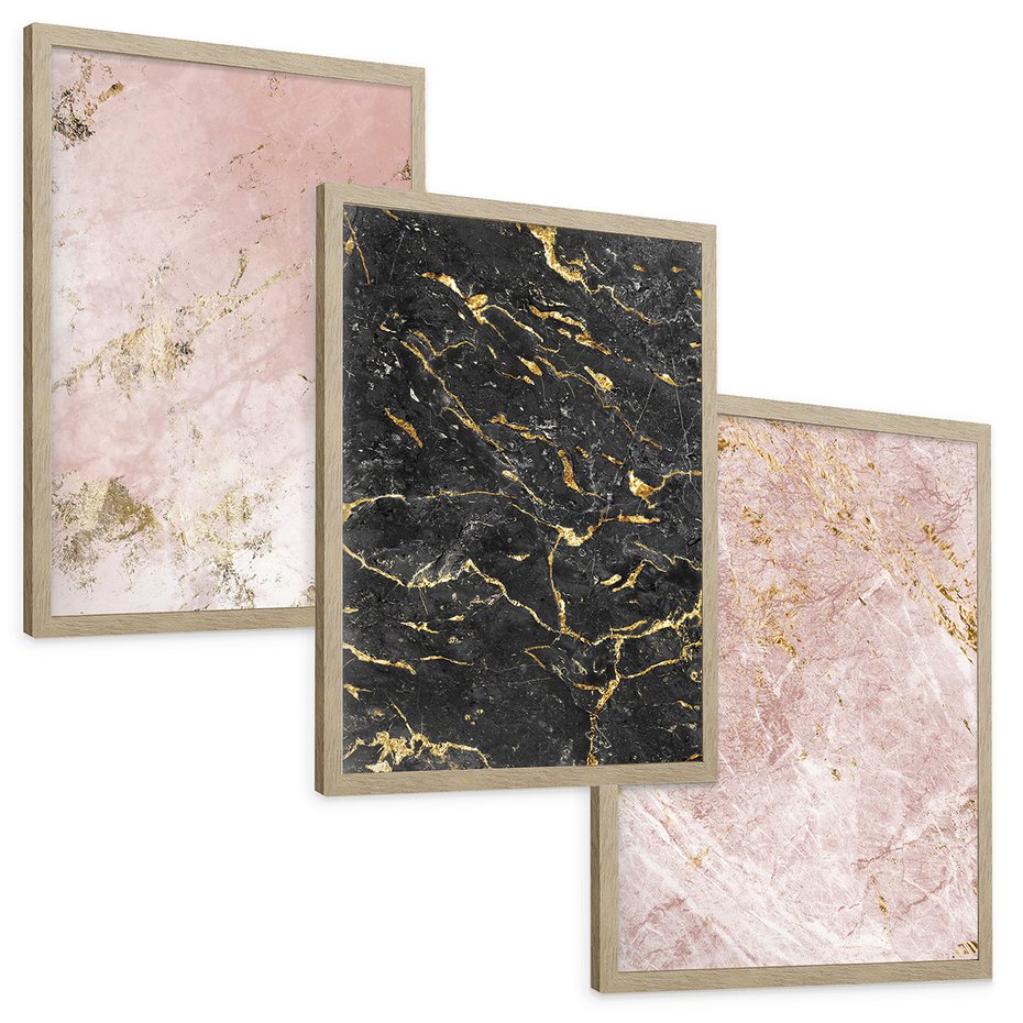 Zestaw obrazy w ramie, plakaty - marmur, tekstura, złoto - rama drewno