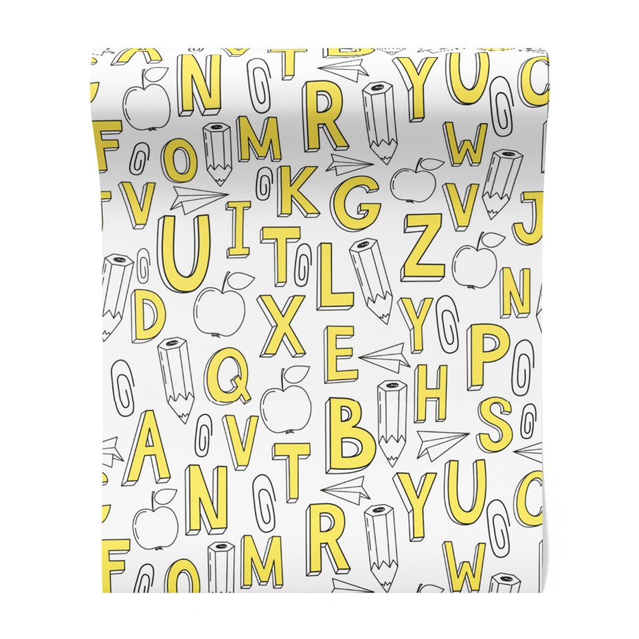 Tapeta - dziecięca, litery, ołówki, jabłka