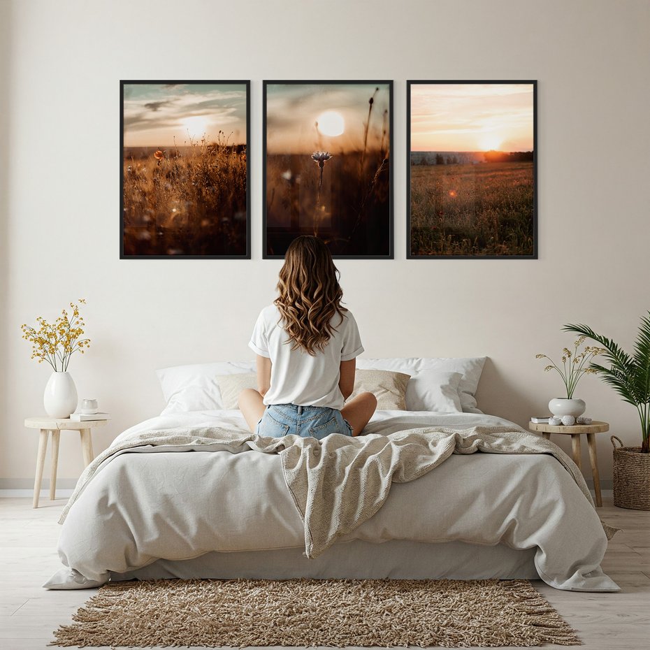Zestaw obrazy w ramie, plakaty - pole, kwiaty, słońce - rama czarna