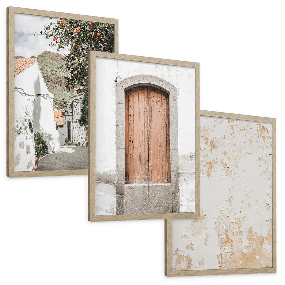 Zestaw obrazy w ramie, plakaty - ściana, drzwi, miasto - rama drewno
