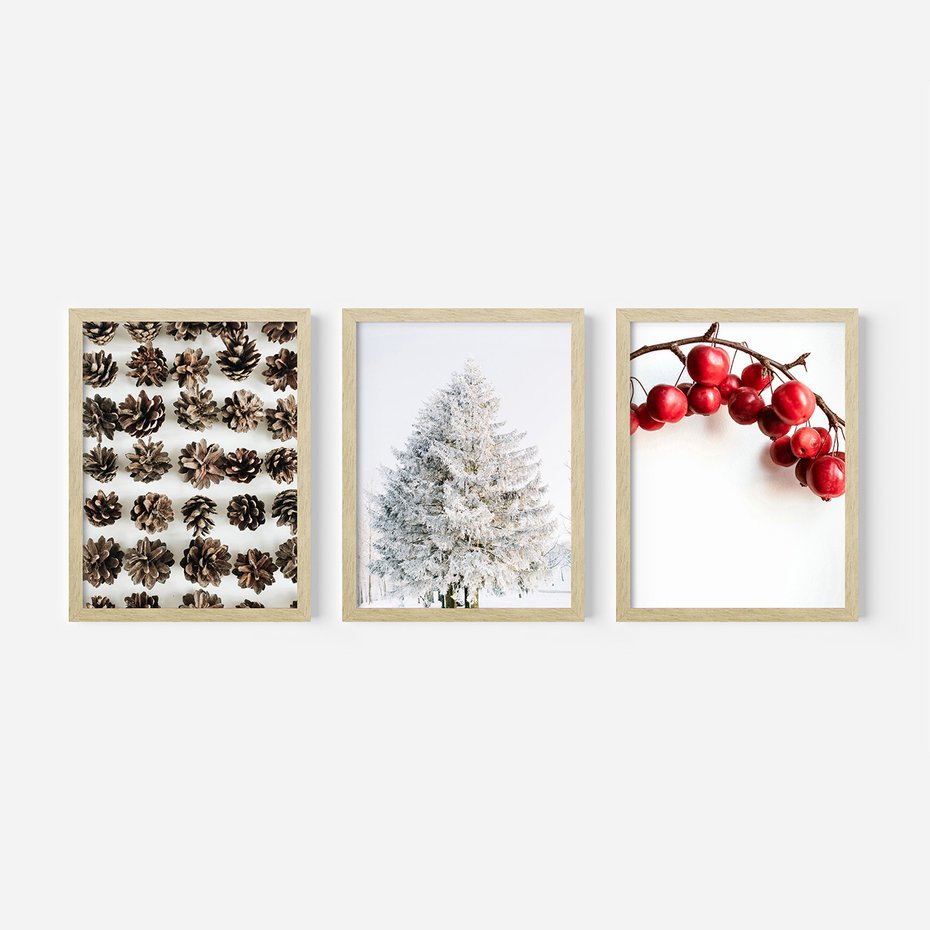 Zestaw obrazy w ramie, plakaty - szyszki, jabłka, zima - rama drewno