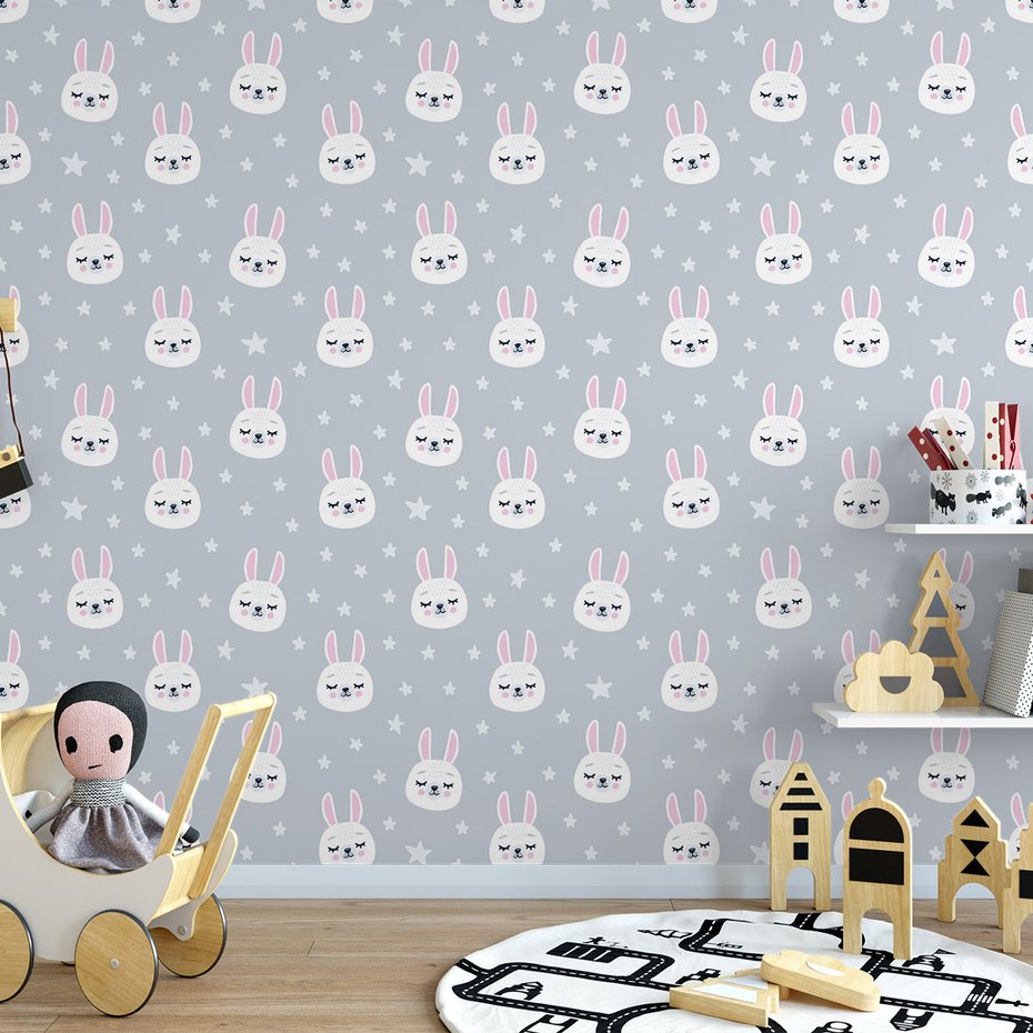 Tapeta - dziecięca, królik, gwiazdy, tło