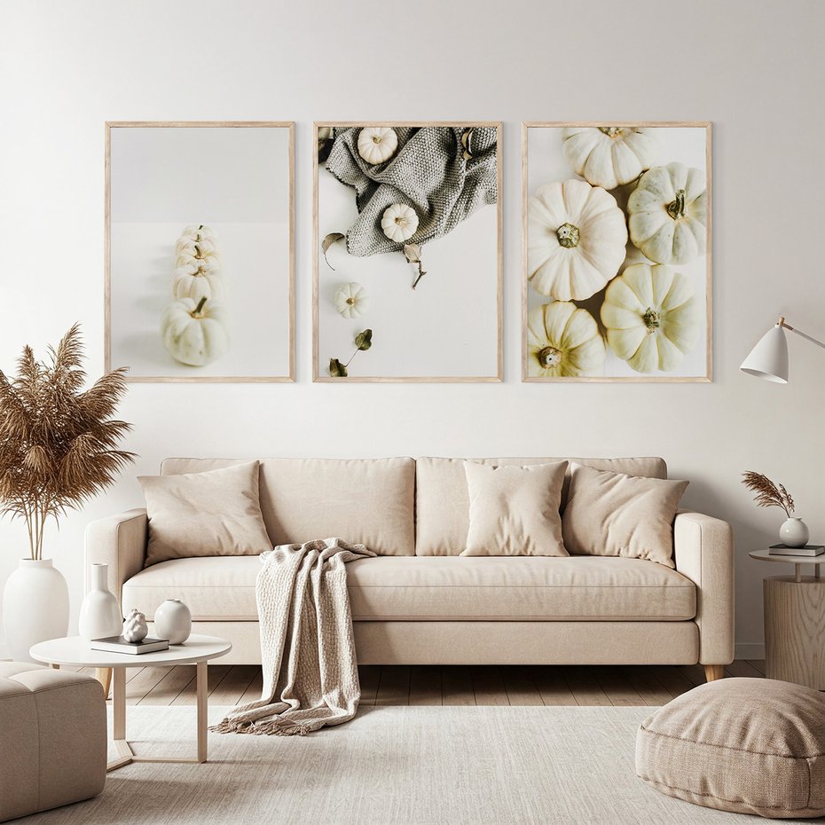 Zestaw obrazy w ramie, plakaty - dynie, jesień, dekoracje - rama drewno