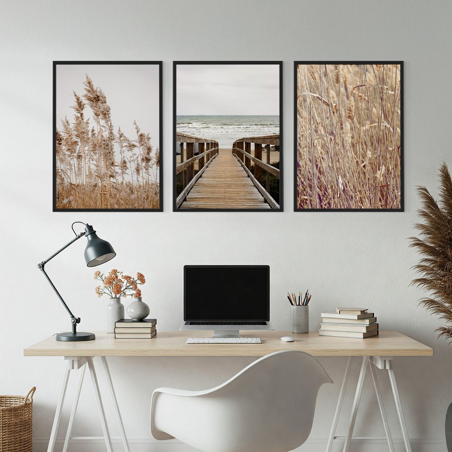 Zestaw obrazy w ramie, plakaty - trzcina, plaża, morze - rama czarna
