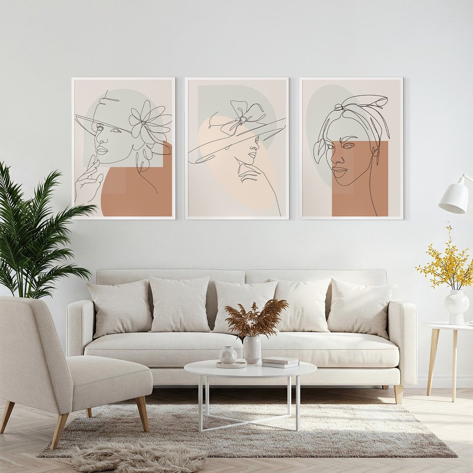 Zestaw obrazy w ramie, plakaty - kobieta, kapelusz, portret - rama biała