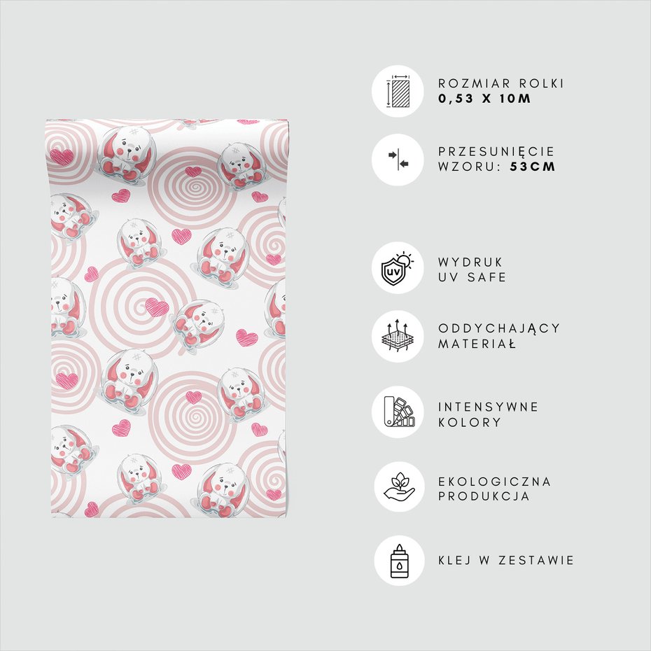 Tapeta - dziecięca, królik, serca, spirale