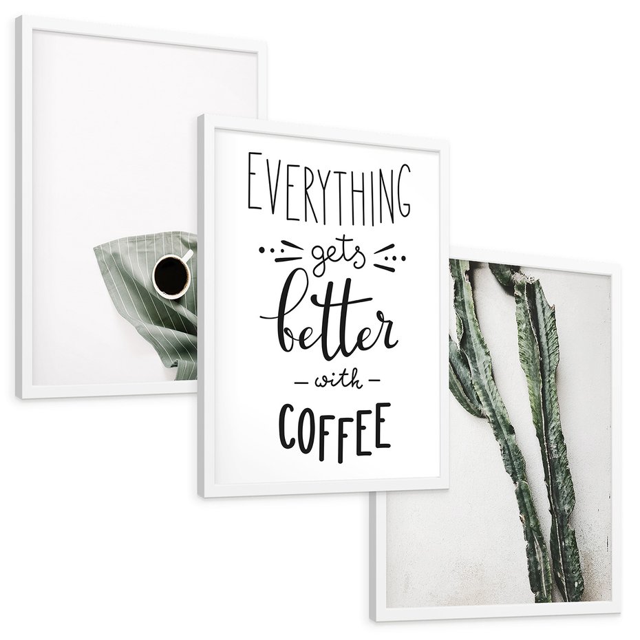 Zestaw obrazy w ramie, plakaty - kawa, kaktus, napisy - rama biała