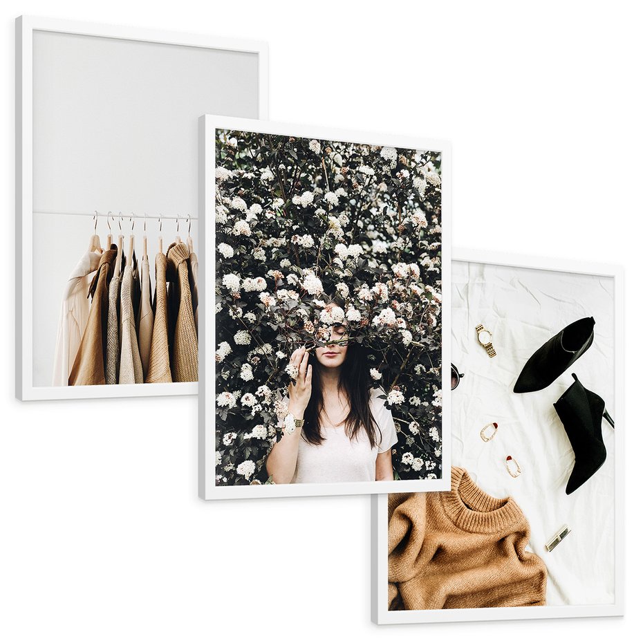 Zestaw obrazy w ramie, plakaty - ubrania, kobieta, styl - rama biała