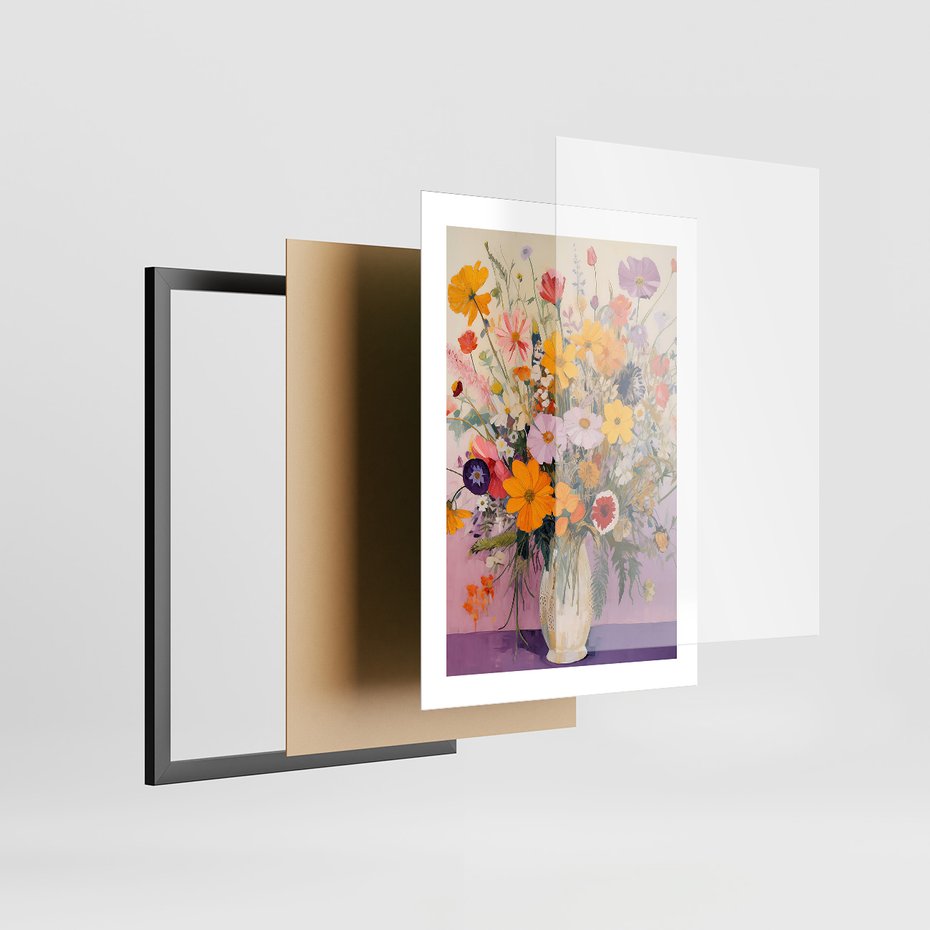 Zestaw obrazy w ramie, plakaty - kwiaty, wazon, bukiet - rama czarna
